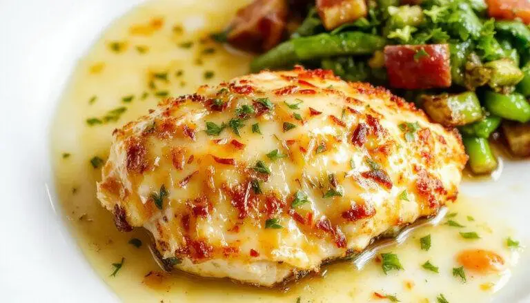 A golden-brown Parmesan crusted chicken breast topped with a drizzle of creamy garlic sauce, garnished with fresh herbs, served on a white plate with a side of steamed vegetables.