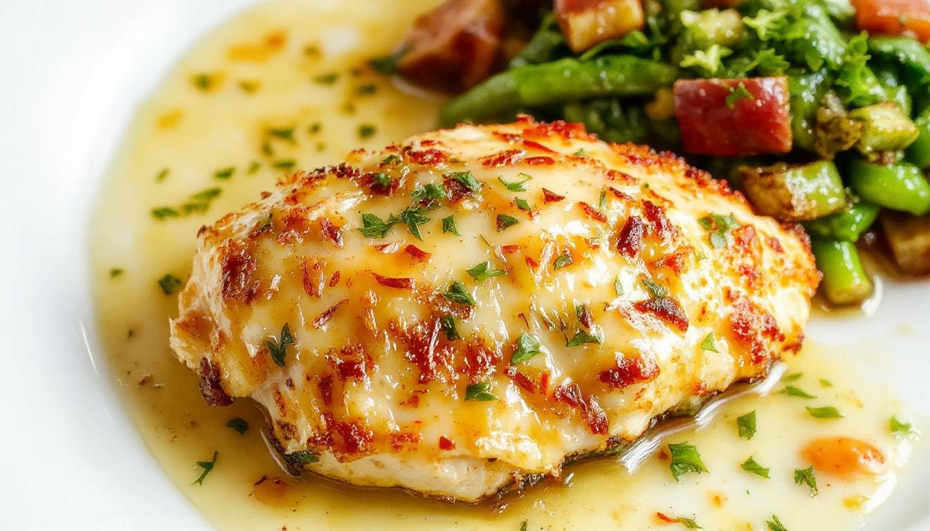 A golden-brown Parmesan crusted chicken breast topped with a drizzle of creamy garlic sauce, garnished with fresh herbs, served on a white plate with a side of steamed vegetables.