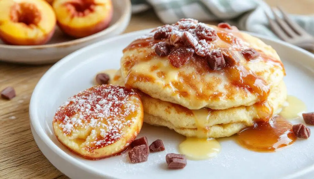 A stack of golden-brown peach cobbler pancakes topped with slices of fresh peaches and a drizzle of syrup, served on a rustic white plate with powdered sugar lightly dusted on top. The pancakes have a fluffy texture with visible chunks of peaches and a caramelized surface, garnished with mint leaves in the background.