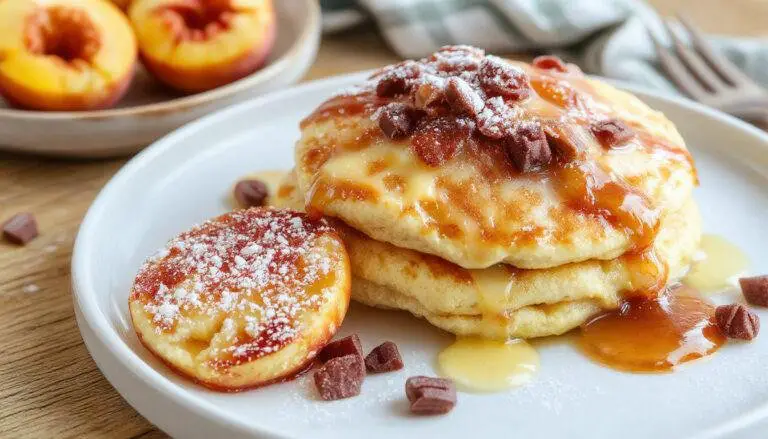 A stack of golden-brown peach cobbler pancakes topped with slices of fresh peaches and a drizzle of syrup, served on a rustic white plate with powdered sugar lightly dusted on top. The pancakes have a fluffy texture with visible chunks of peaches and a caramelized surface, garnished with mint leaves in the background.