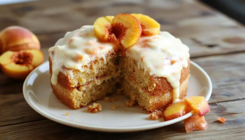 A tall slice of peach cake with a golden-brown brown sugar frosting topped with fresh peach slices, displayed on a white plate. The cake has a moist, tender crumb with visible chunks of peach, and the frosting glistens invitingly. Light crumbs and a slight sheen on the frosting highlight its rich texture. The background features a rustic wooden table with soft natural lighting.