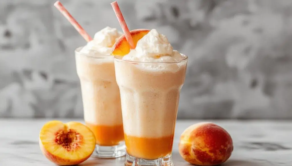 A vibrant glass filled with a frosty, peach-colored slurpee topped with a slice of fresh peach and a sprig of mint, set against a sunny backdrop with ice and peach pieces visible inside the drink.