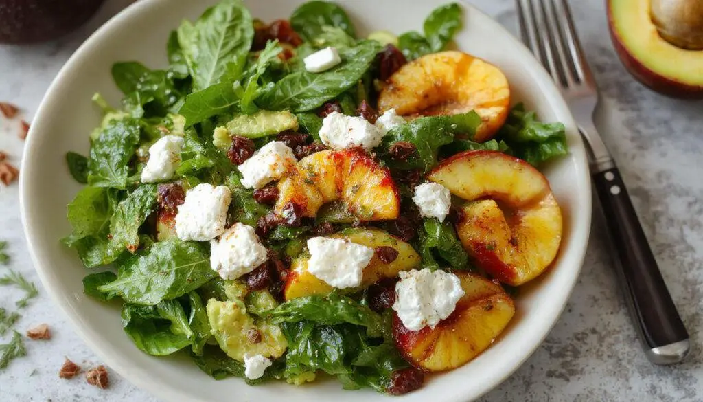 A vibrant peach spinach salad served in a white bowl, featuring bright orange peach slices, dark green baby spinach leaves, creamy avocado chunks, and crumbled goat cheese, garnished with a drizzle of vinaigrette and toasted nuts, creating a colorful and textured presentation.