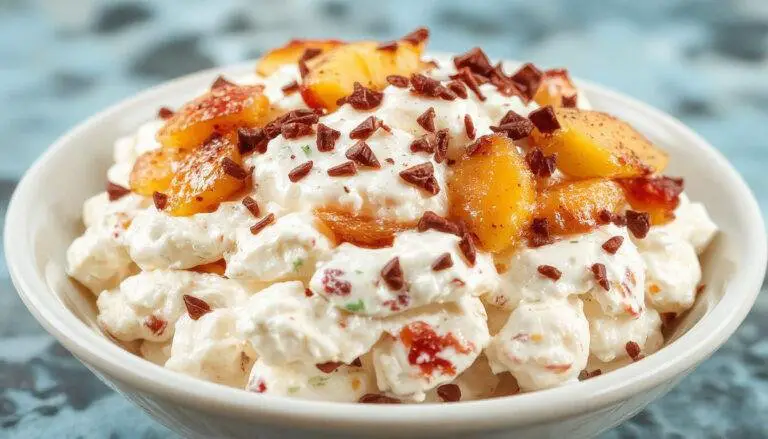 A vibrant bowl of Peaches & Cream Fluff Salad featuring diced fresh peaches coated in a fluffy, creamy white mixture, topped with additional peach slices and a sprinkle of shredded coconut. The salad is presented in a clear glass bowl highlighting its colorful, creamy and textured layers, with a rustic wooden table background and a garnish of mint leaves for contrast.
