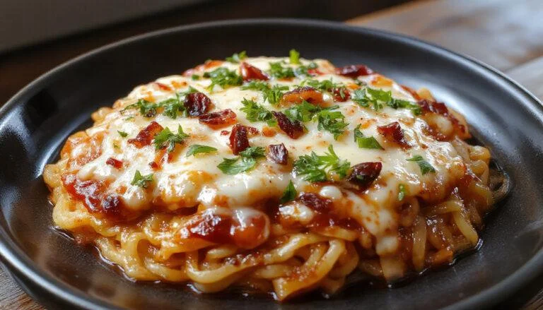 A steaming bowl of Pizza Ramen showcasing curly ramen noodles topped with melted mozzarella cheese, vibrant cherry tomato halves, fragrant basil leaves, and a drizzle of tomato sauce, all presented in a rustic ceramic bowl with a golden crust pizza slice on a wooden board in the background.