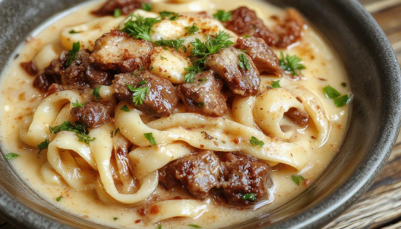 A steaming bowl of creamy beef noodles topped with chopped green onions, showcasing tender beef slices, silky noodles coated in a rich, white sauce, garnished with fresh herbs. The dish is presented in a rustic white bowl on a wooden table, with some noodles and beef visible in the foreground.