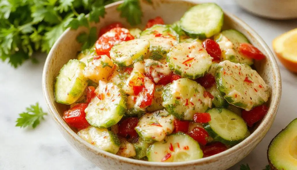 A vibrant bowl of creamy cucumber salad featuring thinly sliced cucumbers coated in a smooth, white dressing, garnished with fresh herbs. The salad is presented in a rustic ceramic bowl on a wooden surface, with some cucumber slices and herbs scattered nearby. The overall presentation highlights the freshness and coolness of the salad, with a creamy texture visible through the glossy coating.