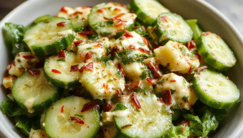 A vibrant bowl of creamy cucumber salad featuring thinly sliced fresh cucumbers coated in a smooth, white dressing, garnished with chopped herbs. The salad is served in a clear glass bowl atop a rustic wooden table, with some cucumber slices and herbs visible around the bowl, showcasing a fresh, summery appearance.