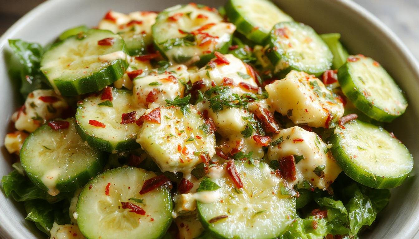 A vibrant bowl of creamy cucumber salad featuring thinly sliced fresh cucumbers coated in a smooth, white dressing, garnished with chopped herbs. The salad is served in a clear glass bowl atop a rustic wooden table, with some cucumber slices and herbs visible around the bowl, showcasing a fresh, summery appearance.