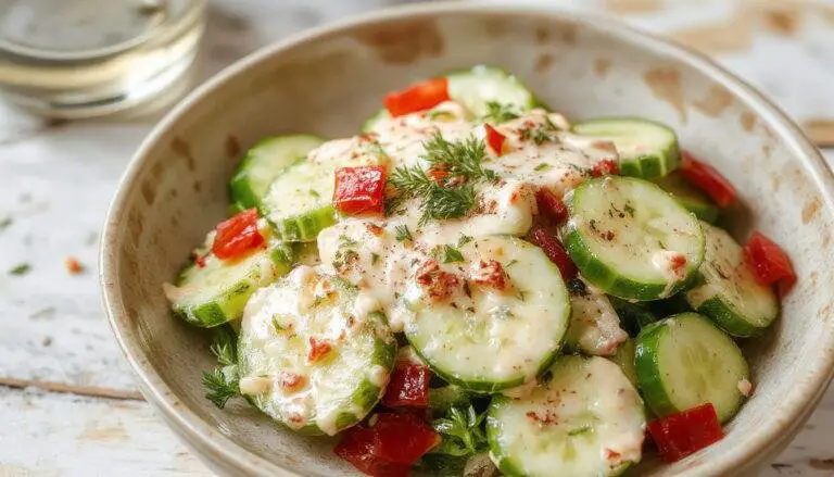 A vibrant glass bowl filled with creamy garden cucumber salad featuring thinly sliced cucumbers coated in a smooth, creamy dressing. The salad is garnished with fresh herbs and colorful vegetable bits, presented on a rustic wooden table with scattered herbs and a fork beside the bowl, highlighting its fresh, crisp texture and appealing presentation.
