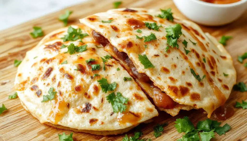Close-up of a golden-brown quesadilla sliced in half, revealing gooey melted vegan cheese and seasoned black beans inside, garnished with fresh cilantro and served on a rustic wooden plate.