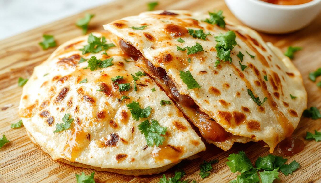 Close-up of a golden-brown quesadilla sliced in half, revealing gooey melted vegan cheese and seasoned black beans inside, garnished with fresh cilantro and served on a rustic wooden plate.