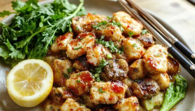 A vibrant stir-fry dish featuring golden-brown chicken pieces and sliced mushrooms coated in a glossy savory sauce, served on a white plate garnished with chopped green onions, with steam rising and a colorful background of fresh vegetables and cooking utensils.