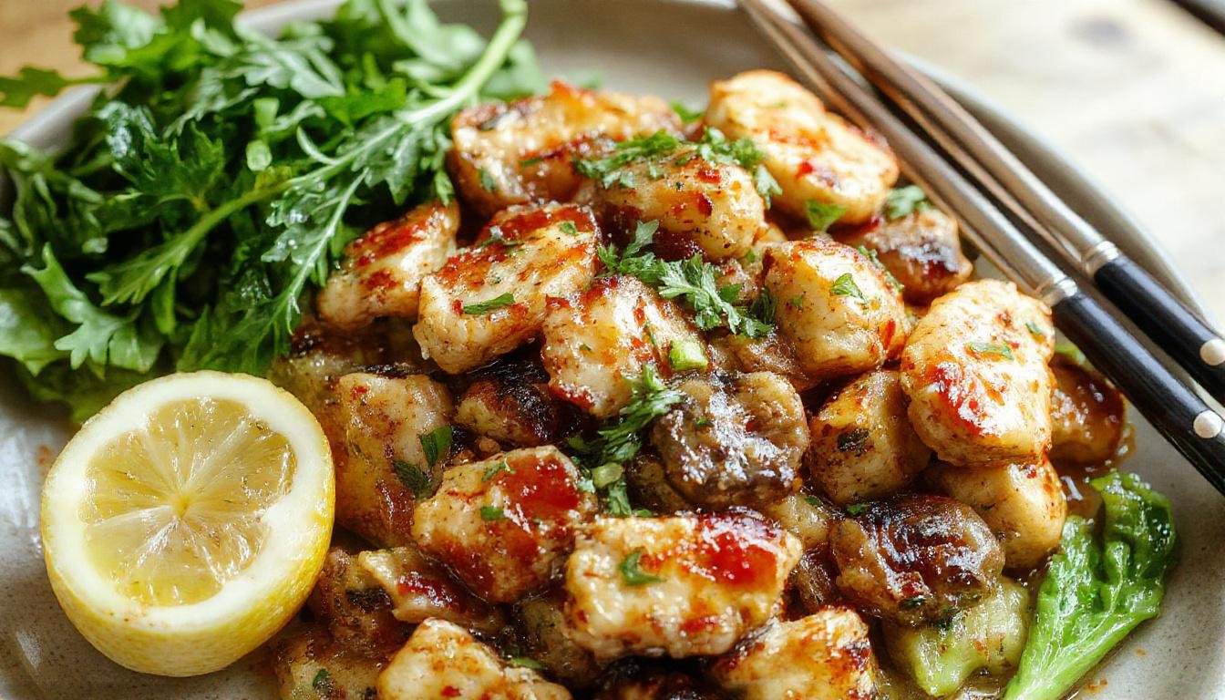 A vibrant stir-fry dish featuring golden-brown chicken pieces and sliced mushrooms coated in a glossy savory sauce, served on a white plate garnished with chopped green onions, with steam rising and a colorful background of fresh vegetables and cooking utensils.