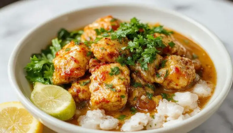 A vibrant bowl of Thai peanut chicken curry featuring tender chunks of chicken immersed in a rich, creamy peanut sauce. The dish is garnished with chopped cilantro and sliced red chilies, all presented in a rustic white ceramic bowl on a wooden table, with a side of jasmine rice visible in the background. The colors are warm and inviting, with golden-brown chicken, bright red chilies, and fresh green herbs.