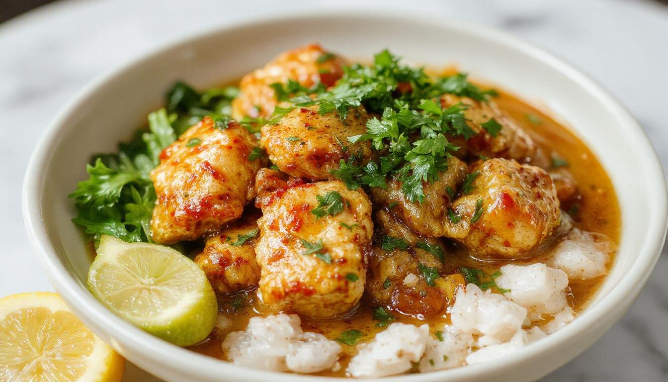 A vibrant bowl of Thai peanut chicken curry featuring tender chunks of chicken immersed in a rich, creamy peanut sauce. The dish is garnished with chopped cilantro and sliced red chilies, all presented in a rustic white ceramic bowl on a wooden table, with a side of jasmine rice visible in the background. The colors are warm and inviting, with golden-brown chicken, bright red chilies, and fresh green herbs.