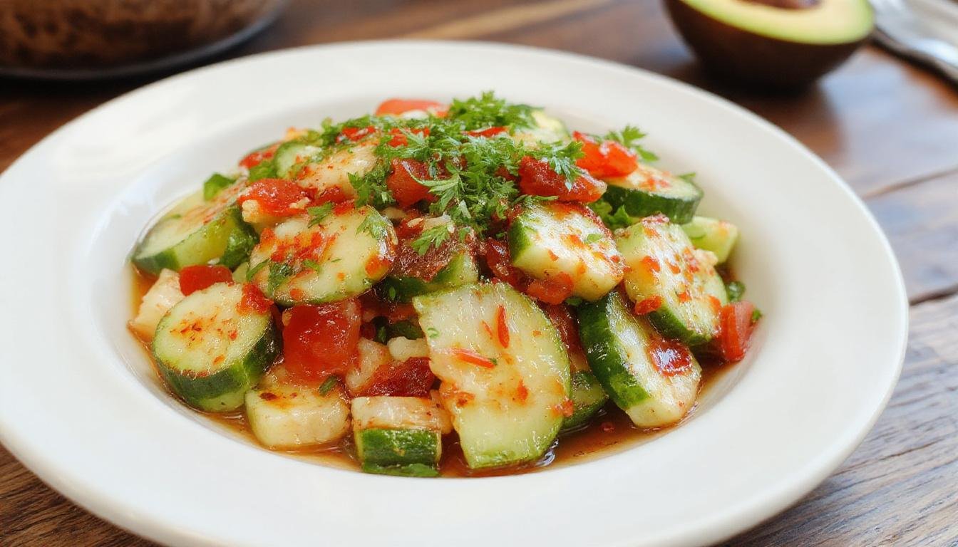 A vibrant Asian cucumber salad served in a clear glass bowl, showcasing thinly sliced crisp cucumbers coated in a tangy dressing, garnished with chopped herbs and sesame seeds, with a background of chopsticks and a rustic wooden table.