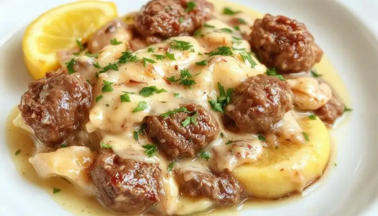 A creamy beef stroganoff served in a rustic white bowl, topped with fresh chopped parsley. The dish features tender ground beef in a rich, beige, mushroom-infused sauce, accompanied by a side of buttery, golden egg noodles. The presentation is simple yet inviting, highlighting the velvety texture of the sauce and the hearty ingredients.