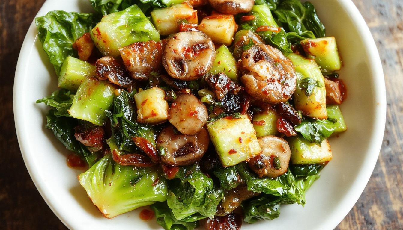 A vibrant stir-fry featuring fresh bok choy and sliced mushrooms in a glossy, savory sauce. The dish is plated on a rustic wooden table, with the greens of bok choy contrasting against the light-colored mushrooms, topped with sesame seeds and finely chopped green onions, showcasing a colorful and appetizing presentation.