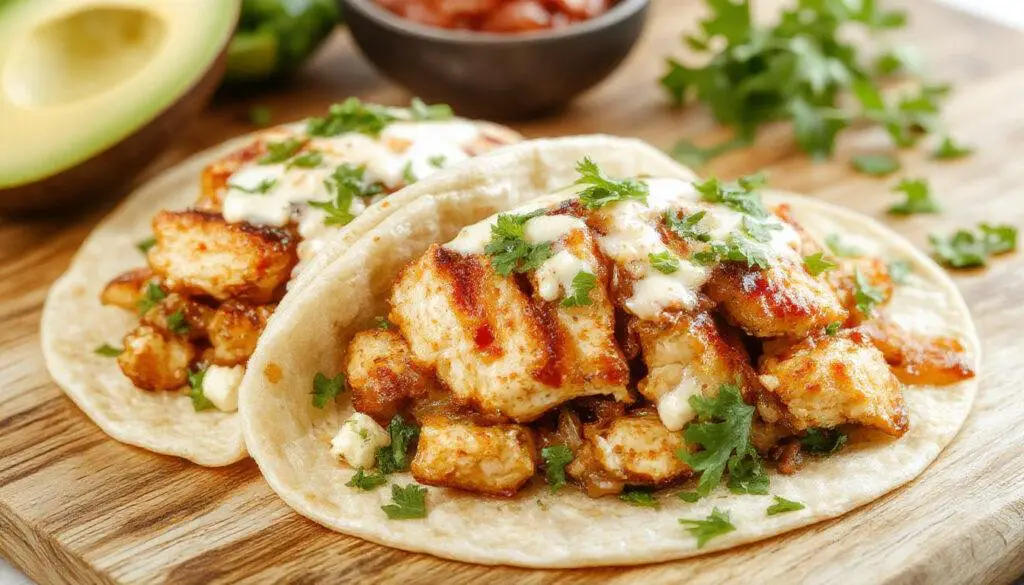 A vibrant plate of chicken street tacos showcases small corn tortillas topped with seasoned shredded chicken, diced onions, chopped cilantro, and a wedge of lime. The tacos are garnished with a drizzle of creamy sauce and sprinkled with crumbled queso fresco, all presented on a rustic wooden platter with fresh lime slices and a side of colorful salsa.