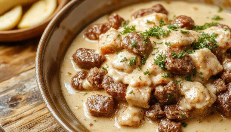 A creamy beef stroganoff served in a white bowl topped with fresh chopped parsley. The dish features tender strips of beef in a rich, light brown sauce with visible pieces of mushrooms and swirls of sour cream, accompanied by a side of buttered egg noodles on a rustic wooden table.