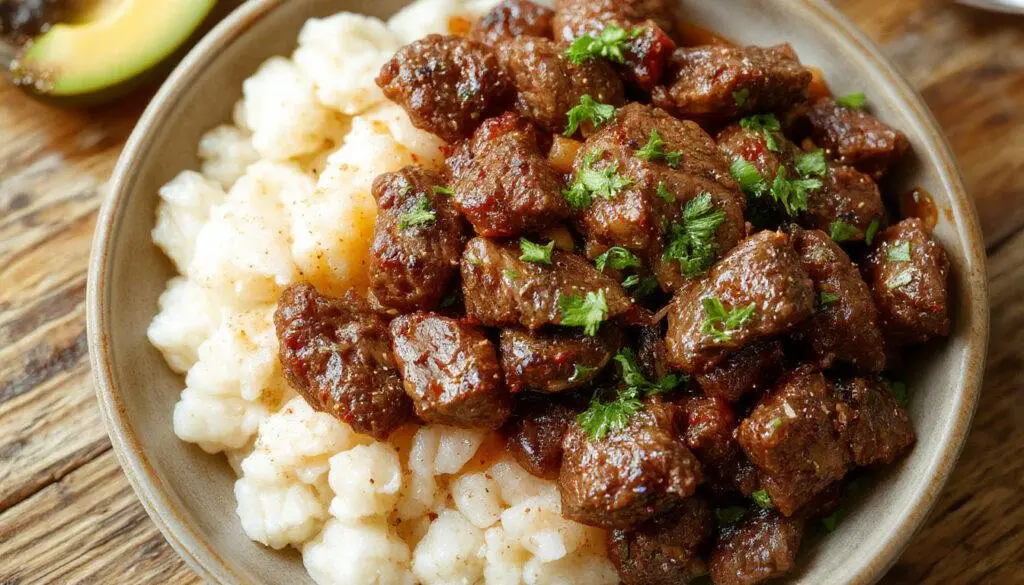 A close-up of a sizzling skillet filled with cooked ground beef coated in a glossy, sweet and savory sauce, garnished with chopped green onions. The beef has a caramelized exterior with hints of red pepper flakes and sesame seeds, and the dish is presented on a rustic plate with a side of white rice and sesame seeds sprinkled on top.