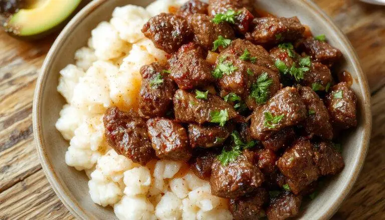 A close-up of a sizzling skillet filled with cooked ground beef coated in a glossy, sweet and savory sauce, garnished with chopped green onions. The beef has a caramelized exterior with hints of red pepper flakes and sesame seeds, and the dish is presented on a rustic plate with a side of white rice and sesame seeds sprinkled on top.