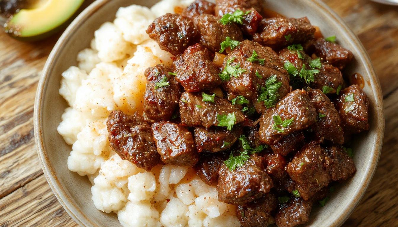 A close-up of a sizzling skillet filled with cooked ground beef coated in a glossy, sweet and savory sauce, garnished with chopped green onions. The beef has a caramelized exterior with hints of red pepper flakes and sesame seeds, and the dish is presented on a rustic plate with a side of white rice and sesame seeds sprinkled on top.