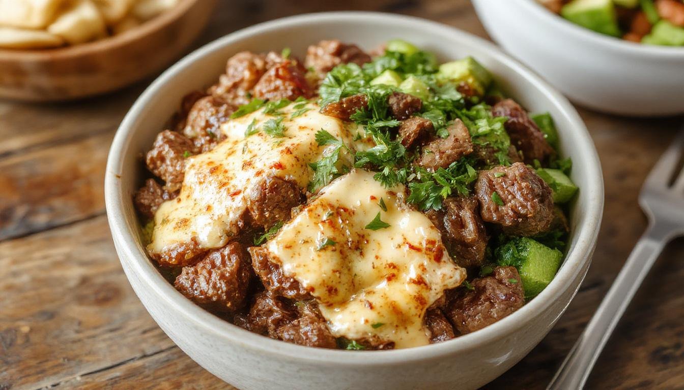 A vibrant bowl featuring thinly sliced grilled beef topped with melted cheese, colorful sautéed peppers and onions, and fresh chopped herbs, presented in a rustic white bowl with a wooden spoon beside it. The ingredients are arranged to highlight the glossy meat and the bright vegetables, with steam rising slightly, emphasizing freshness and warmth.