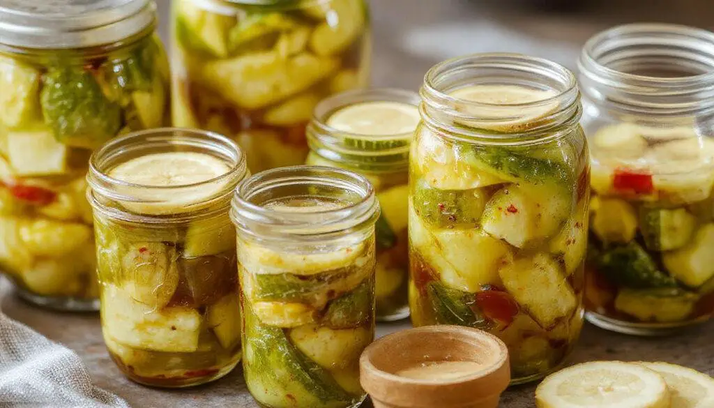 A clear glass jar filled with vibrant, crunchy refrigerator pickles showcasing sliced cucumbers, bright dill herbs, and red pepper flakes, all immersed in a tangy brine. The jar sits on a rustic wooden surface with a slight condensation, highlighting freshness and inviting homemade appeal.
