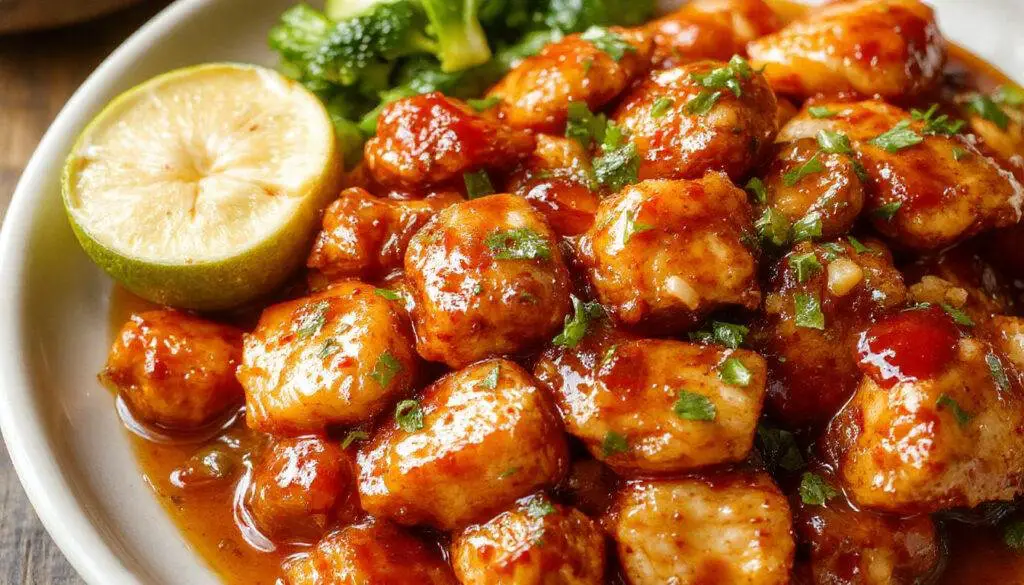 A vibrant plate of crispy sweet chili chicken, glazed with glossy bright red sauce, garnished with chopped green onions and sesame seeds, presented on a white ceramic plate with a side of steamed rice and fresh vegetables, colorful and appetizing.