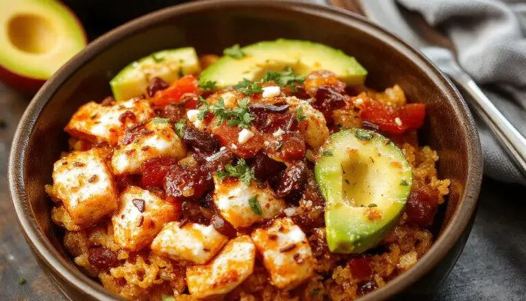 A vibrant bowl filled with seasoned ground beef, colorful diced tomatoes, crisp lettuce, shredded cheese, and a dollop of sour cream, all arranged neatly on a rustic wooden surface.