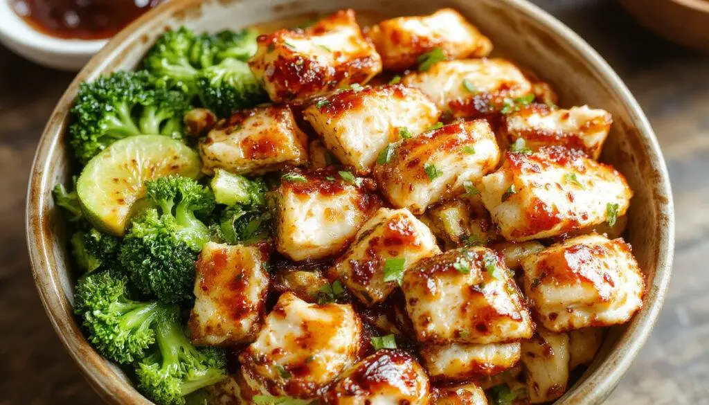 A vibrant plate featuring a neatly arranged chicken and broccoli bowl. The golden-brown grilled chicken strips rest atop steamed bright green broccoli florets, drizzled with a glossy garlic sauce. The bowl is garnished with finely chopped herbs, offering a fresh contrast. The background shows a rustic wooden table with a fork and a small bowl of extra garlic sauce, emphasizing a wholesome and appetizing meal.