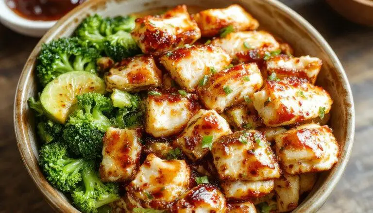 A vibrant plate featuring a neatly arranged chicken and broccoli bowl. The golden-brown grilled chicken strips rest atop steamed bright green broccoli florets, drizzled with a glossy garlic sauce. The bowl is garnished with finely chopped herbs, offering a fresh contrast. The background shows a rustic wooden table with a fork and a small bowl of extra garlic sauce, emphasizing a wholesome and appetizing meal.