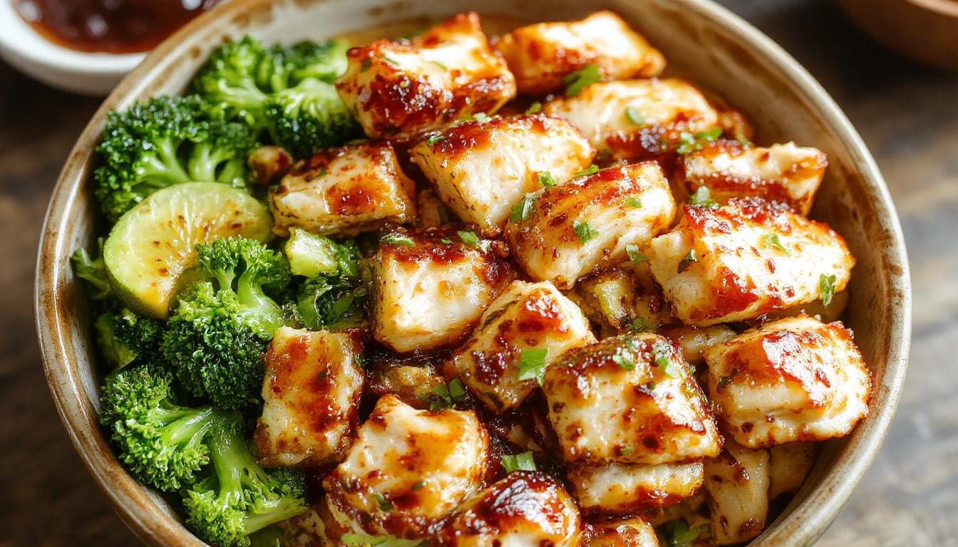 A vibrant plate featuring a neatly arranged chicken and broccoli bowl. The golden-brown grilled chicken strips rest atop steamed bright green broccoli florets, drizzled with a glossy garlic sauce. The bowl is garnished with finely chopped herbs, offering a fresh contrast. The background shows a rustic wooden table with a fork and a small bowl of extra garlic sauce, emphasizing a wholesome and appetizing meal.