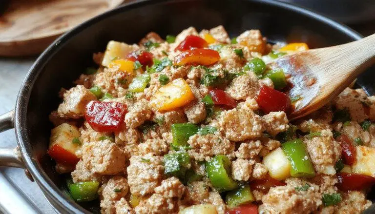A vibrant stir-fry featuring golden-brown ground turkey diced red and green peppers, glossy sauce coating the ingredients, served in a white dish, with colorful vegetables and fresh herbs visible.