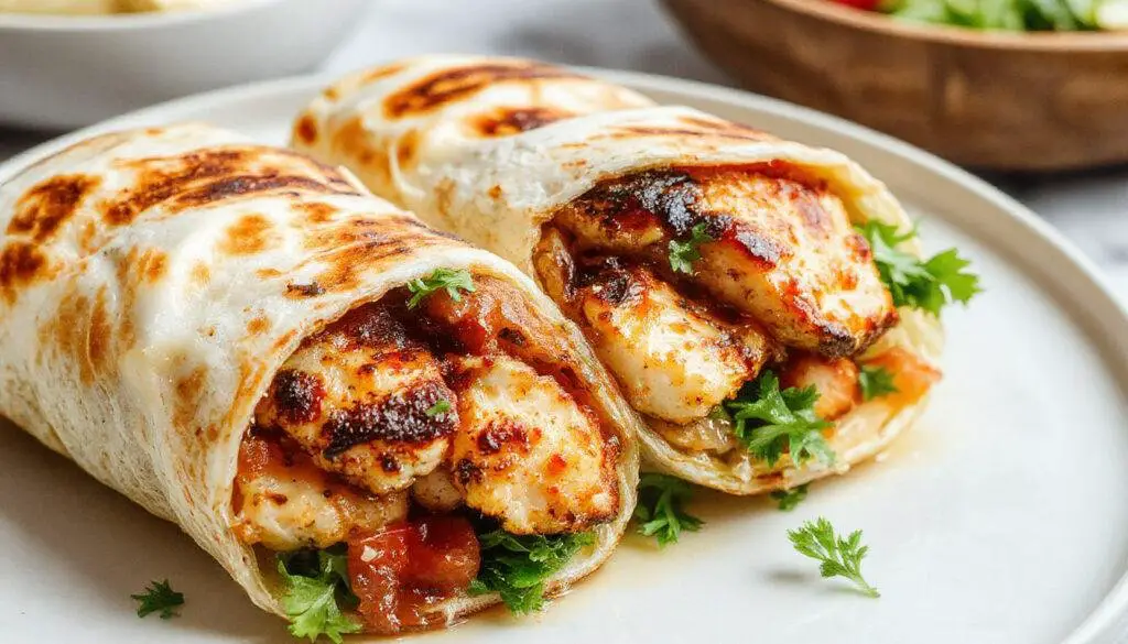 A vibrant plate showcasing grilled chicken wraps sliced in half, revealing colorful fillings of lettuce, cherry tomatoes, cucumbers, and creamy hummus, wrapped in warm whole wheat tortillas, garnished with fresh herbs and a drizzle of olive oil.