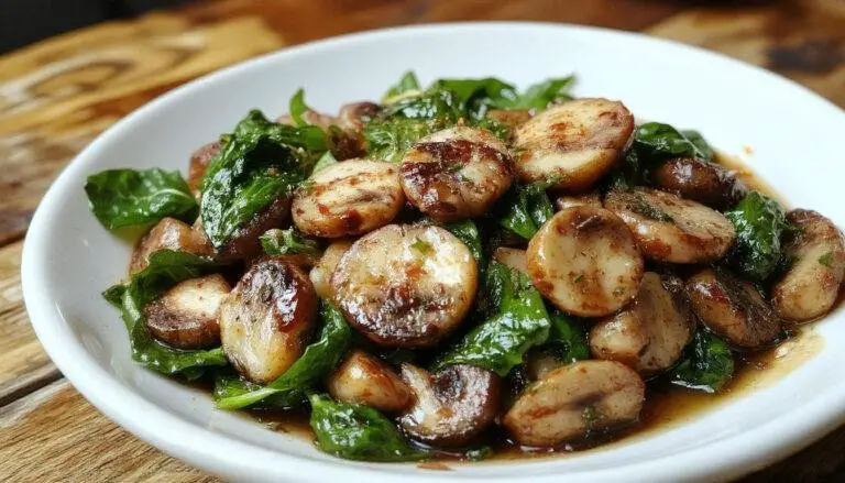 A vibrant plate features sautéed mushrooms and fresh spinach leaves, lightly seasoned, with a golden-brown touch on the mushrooms and glossy greens, arranged neatly on a rustic white dish with a sprinkle of herbs in the background.