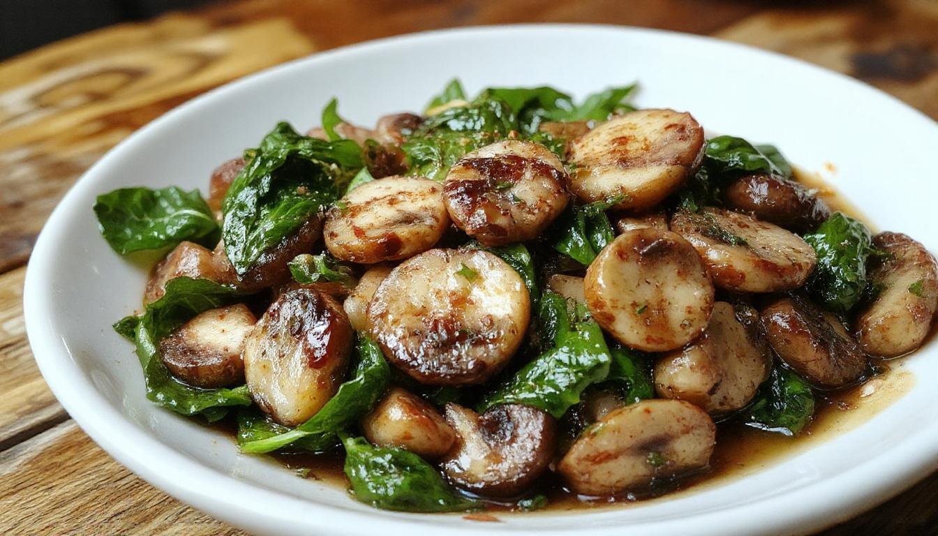 A vibrant plate features sautéed mushrooms and fresh spinach leaves, lightly seasoned, with a golden-brown touch on the mushrooms and glossy greens, arranged neatly on a rustic white dish with a sprinkle of herbs in the background.
