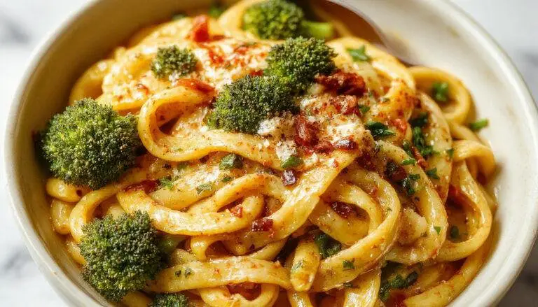 A vibrant plate of broccoli pasta featuring al dente spaghetti topped with bright green steamed broccoli florets, sprinkled with grated parmesan cheese and drizzled with olive oil, garnished with fresh herbs on a clean, modern white plate