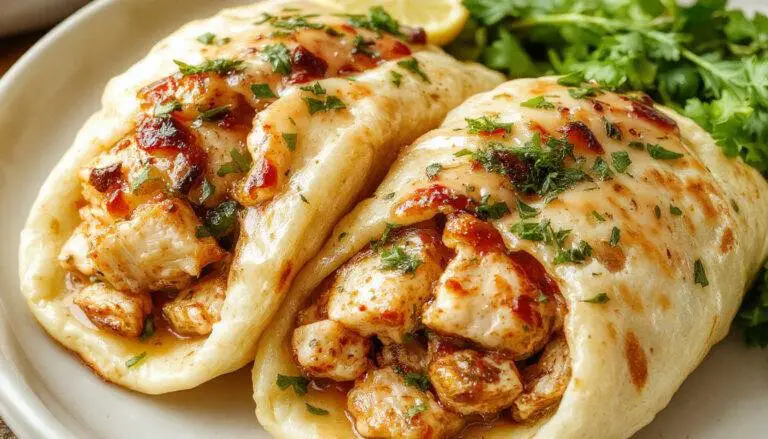 A vibrant plate of grilled chicken gyros wrapped in warm pita bread, topped with fresh sliced cucumbers, ripe tomatoes, red onion rings, and drizzled with tzatziki sauce; the chicken is golden brown with visible herbs and lemon zest, garnished with fresh parsley.