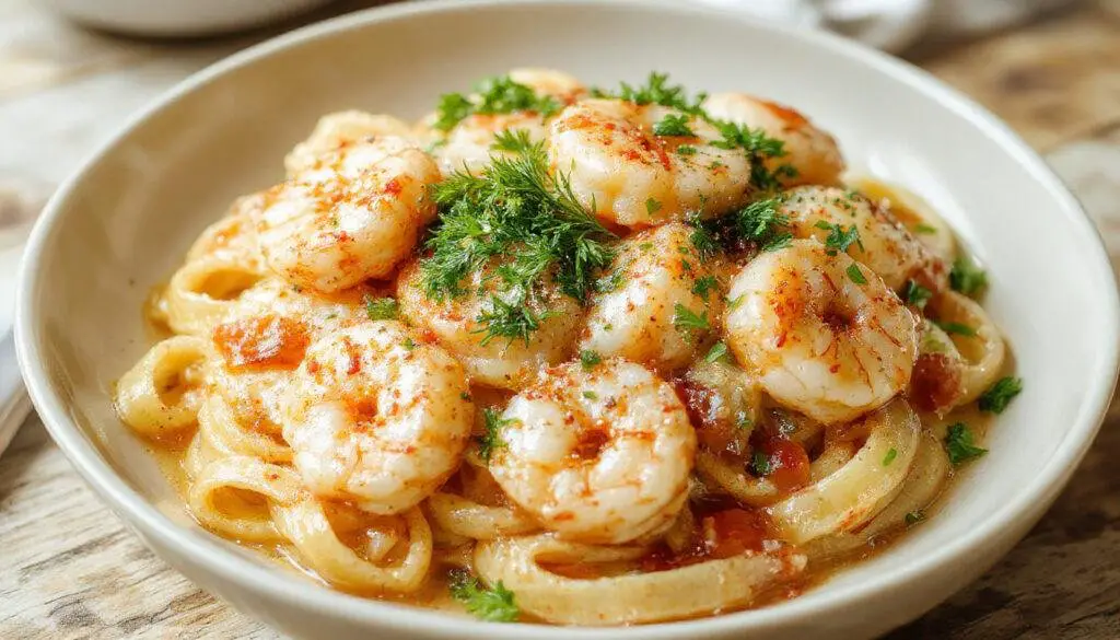 A bowl of shrimp pasta garnished with fresh parsley, showcasing tender shrimp coated in a rich garlic butter sauce atop al dente spaghetti, vibrant green parsley and a lemon wedge add color.