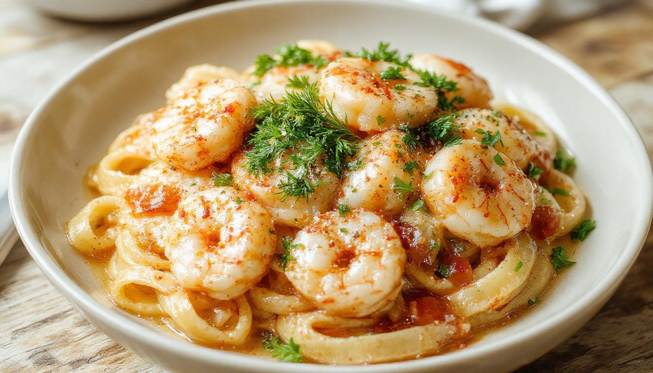 A bowl of shrimp pasta garnished with fresh parsley, showcasing tender shrimp coated in a rich garlic butter sauce atop al dente spaghetti, vibrant green parsley and a lemon wedge add color.