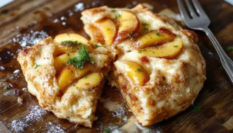 A golden-brown, rustic peach galette with thin, flaky crust edges pleated around juicy peach slices. The filling glistens with a hint of syrup, and fresh mint leaves garnish the top, all presented on a rustic wooden table