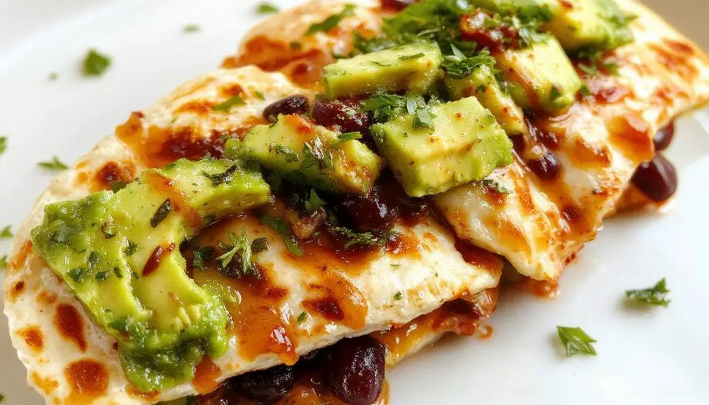 Golden-brown quesadilla cut into halves revealing a filling of mashed avocado, black beans, melted cheese, and herbs. Crisp edges and melted cheese oozing slightly, garnished with fresh cilantro. The quesadilla rests on a rustic wooden plate with a side of sliced avocado and salsa, creating an inviting, colorful presentation.