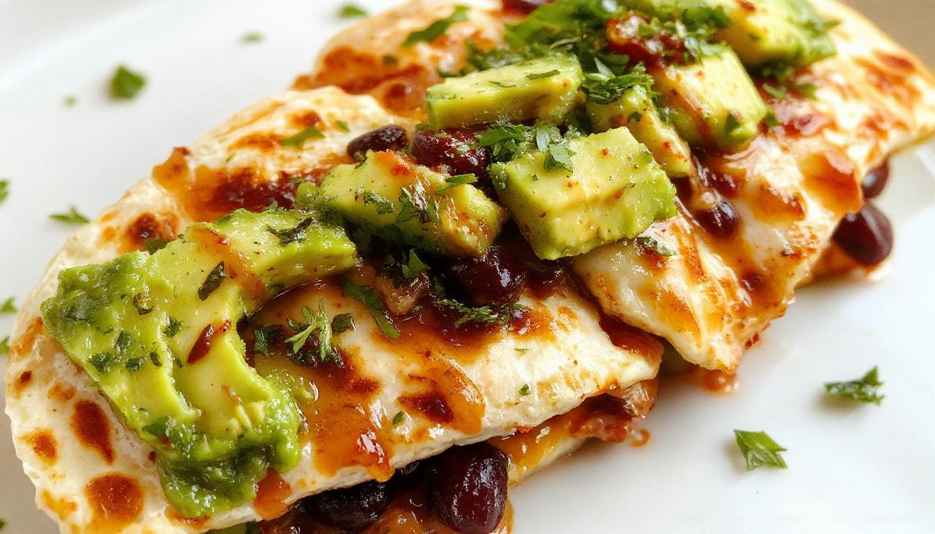 Golden-brown quesadilla cut into halves revealing a filling of mashed avocado, black beans, melted cheese, and herbs. Crisp edges and melted cheese oozing slightly, garnished with fresh cilantro. The quesadilla rests on a rustic wooden plate with a side of sliced avocado and salsa, creating an inviting, colorful presentation.