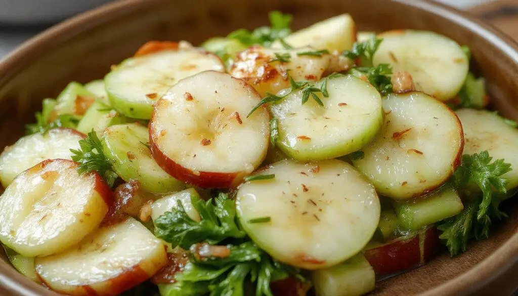 A vibrant bowl of salad featuring crisp cucumber slices, green celery sticks, and juicy apple chunks, all dressed with a light vinaigrette. The presentation emphasizes fresh ingredients with bright colors and a textured mix of sliced and chopped produce, garnished with herbs on a white plate.
