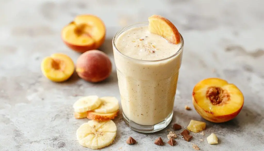 A tall glass filled with a vibrant peach and banana smoothie, topped with a sprig of mint and slices of peach and banana arranged around it. The smoothie has a creamy, slightly frothy texture with a pale orange color, contrasting with the colorful fruit garnishes and a clean white background.