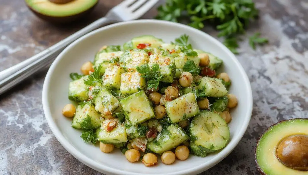 A vibrant bowl of cucumber salad featuring sliced cucumbers, creamy avocado chunks, and chickpeas, garnished with fresh cilantro and lime wedges. The ingredients are beautifully arranged, showcasing bright green hues and creamy textures against a white ceramic plate.