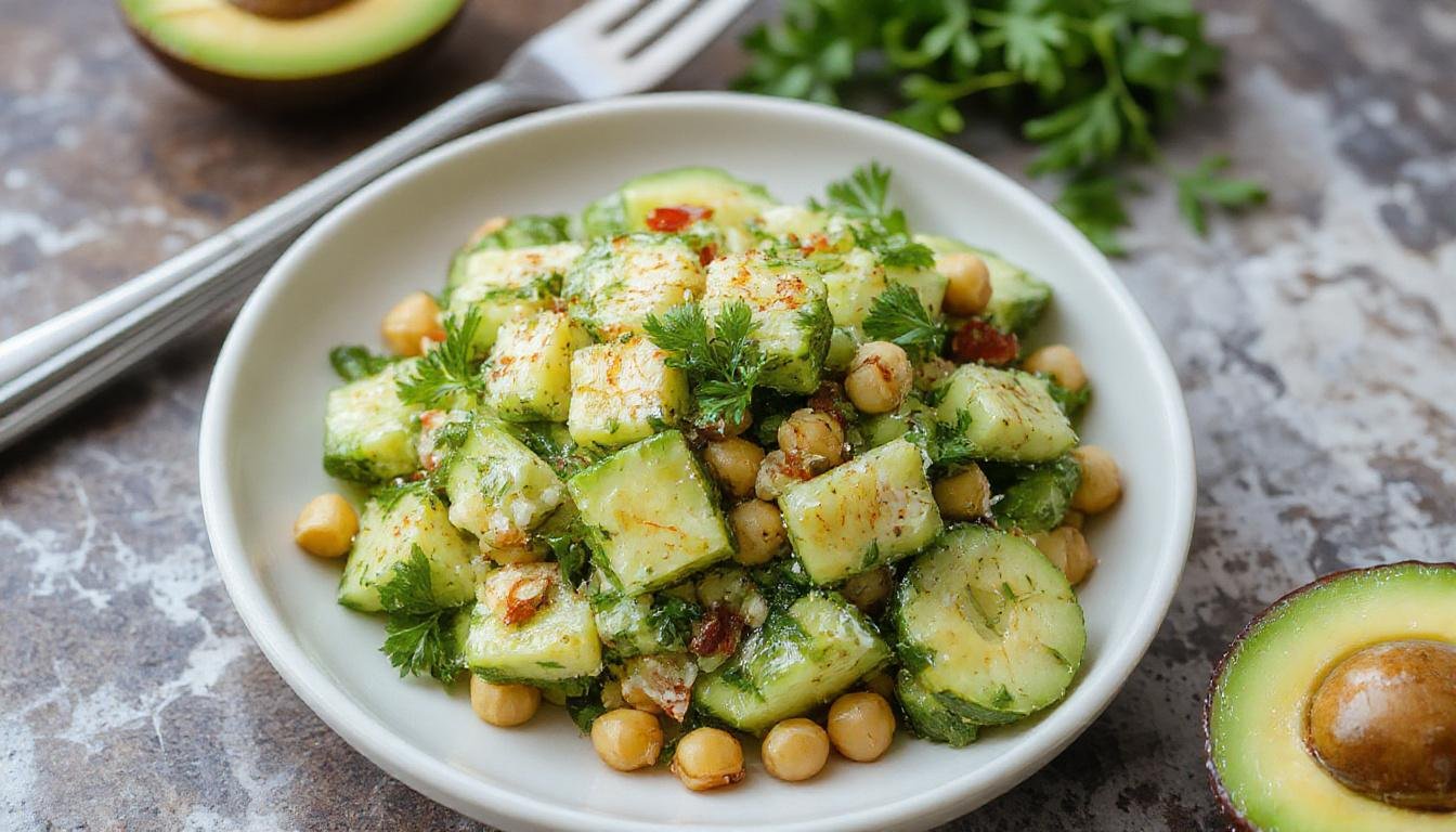 A vibrant bowl of cucumber salad featuring sliced cucumbers, creamy avocado chunks, and chickpeas, garnished with fresh cilantro and lime wedges. The ingredients are beautifully arranged, showcasing bright green hues and creamy textures against a white ceramic plate.